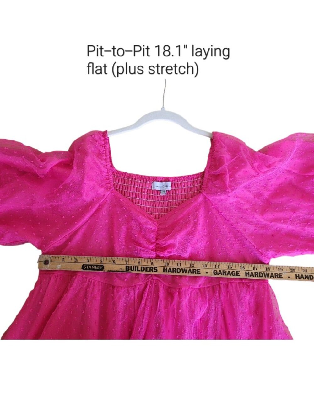 Hot Pink Swiss Dot Smocked Babydoll Mini Dress Puff Sleeve Romantic XL L - Picture 9 of 11